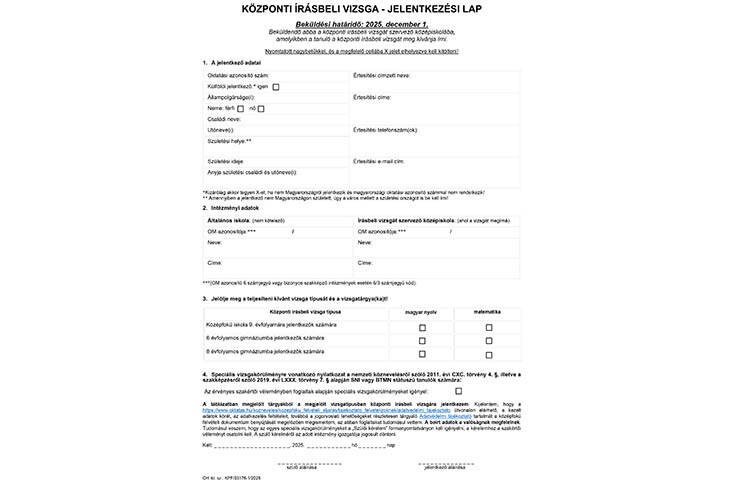 Kzponti rsbeli vizsga – jelentkezsi lap 2025.